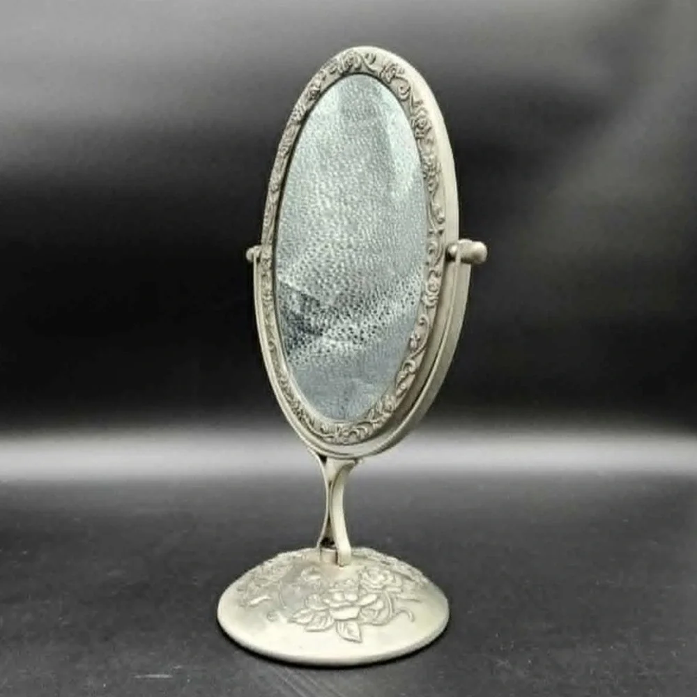 Unbranded Vintage Floral Rose Oval Swivel Vanity Mirror Pewter Silver Tabletop